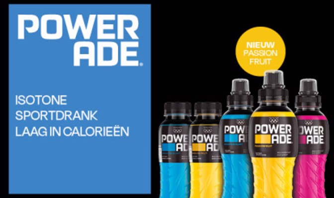 Powerade: Isotone sportdrank, laag in calorieën.